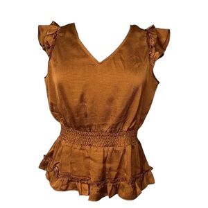RyeGrass Burnt Sienna Orangey  Brown V-Neck Trendy Blouse Ruffle Sleeve XL